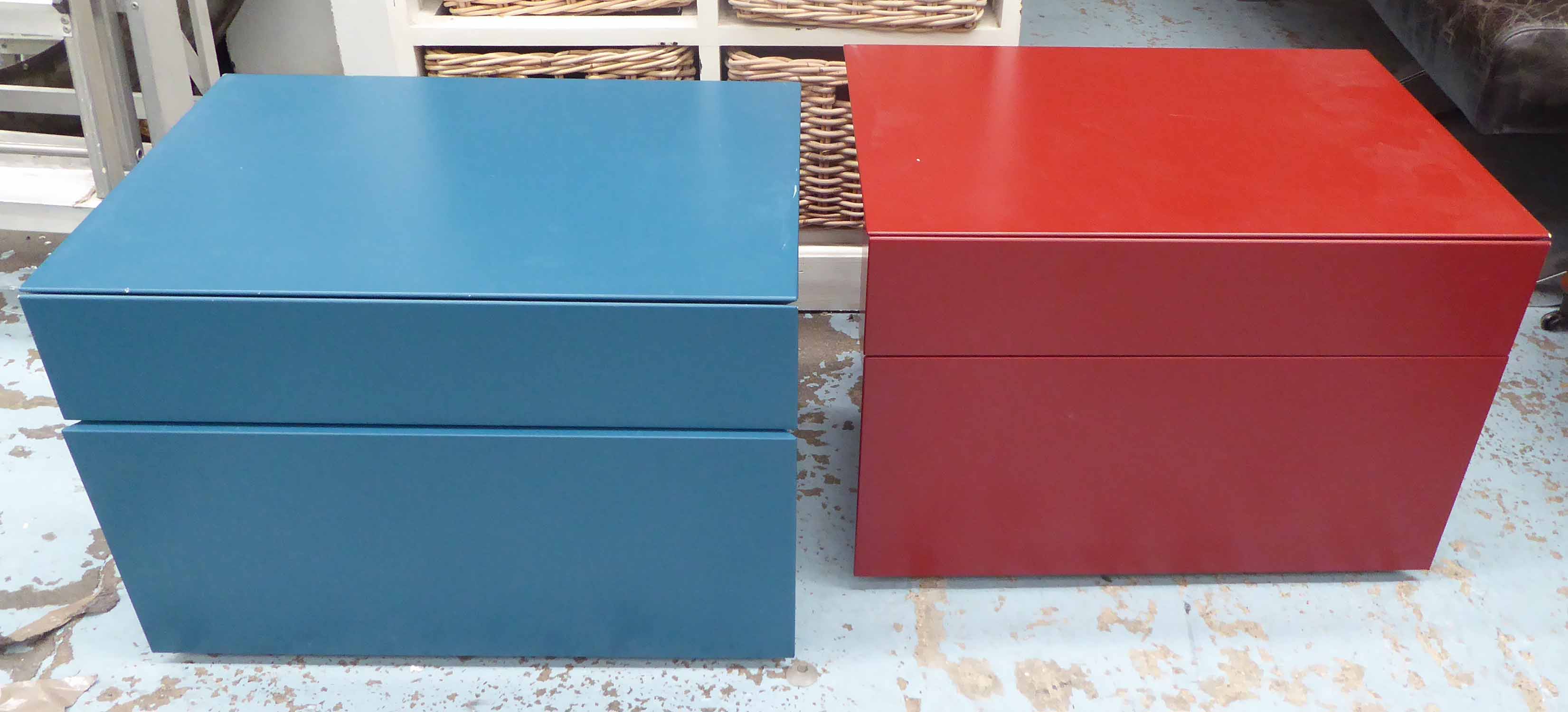 CONTEMPORARY SIDE CABINETS, a pair, one red, the other blue,