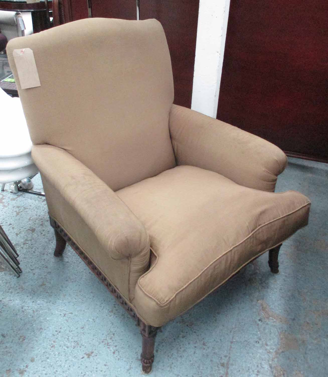 LARSEN SILK UPHOLSTERED ARMCHAIR, on turned supports, 64cm W.