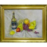 20TH CENTURY SCHOOL 'Still Life with Wine and Fruit', oil on canvas, signed lower right,