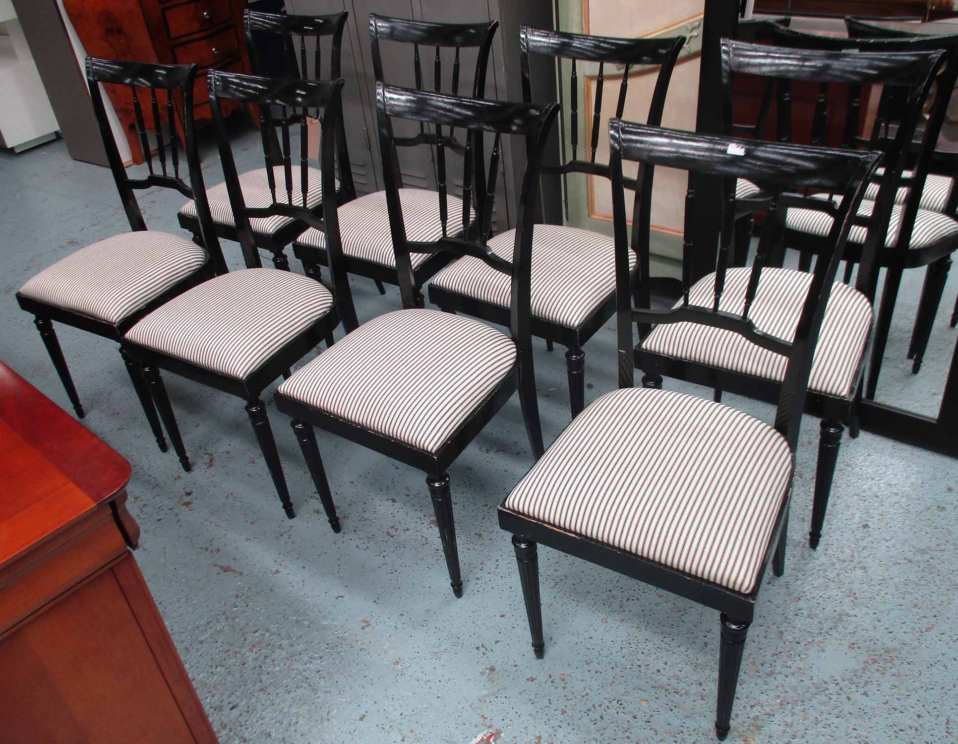 ITALIAN ART DECO STYLE DESIGN DINING CHAIRS, a set of eight, ebonised,