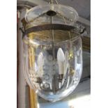 VAUGHAN GLASS BELL JAR PENDANT LIGHTS, two similar with foliate etched decoration,