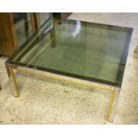 WILLY RIZZO INSPIRED LOW TABLE, 1970's, chrome and brass with square tinted glass top,