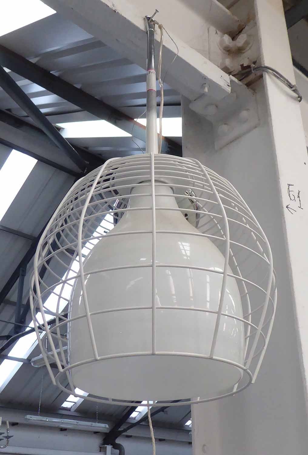 DESIEL WITH FOSCARINI CAGE PENDANT LIGHT, the opaque glass shade in a caged outer shade,