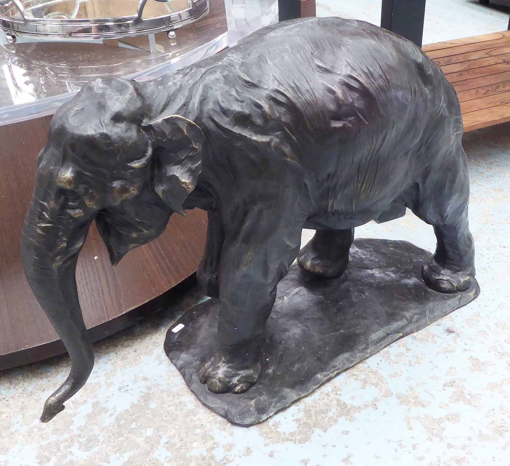 BRONZE STATUE OF AN ELEPHANT, on base, 58cm L.