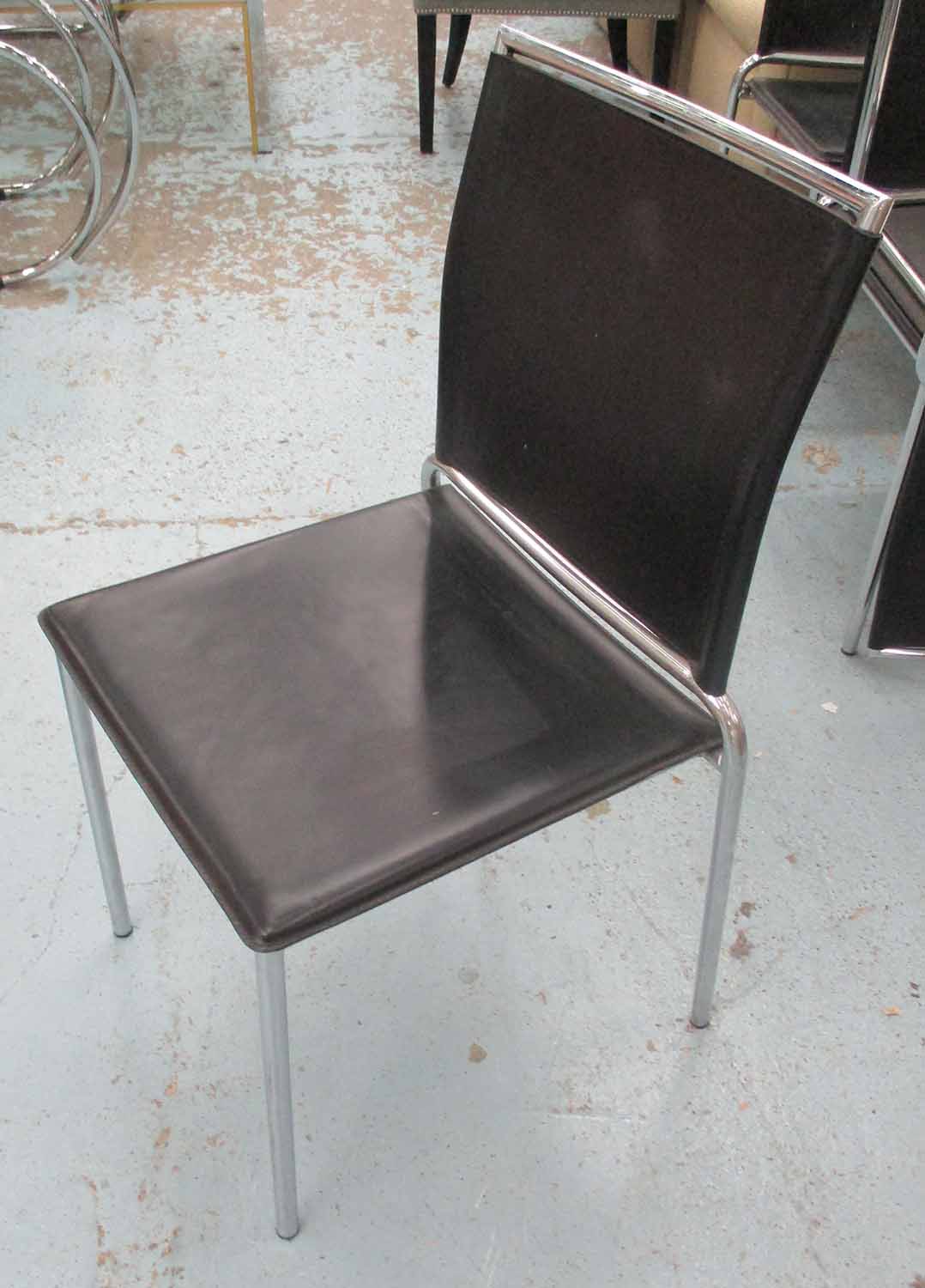 HEALS DINING CHAIRS, set of four, in leather seats and backs on chromed metal tubular supports,