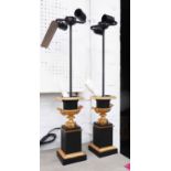 CLASSICAL INSPIRED DESIGN TABLE LAMPS, a pair, two branch part gilded metal finish, 65cm H.