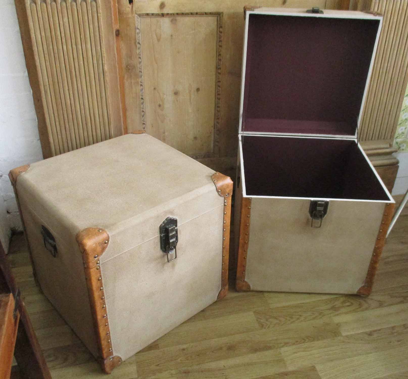 VINTAGE STYLE TRUNKS, a pair, canvas bound and leather with rising lid, 50cm x 50cm x 50cm.