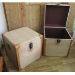 VINTAGE STYLE TRUNKS, a pair, canvas bound and leather with rising lid, 50cm x 50cm x 50cm.