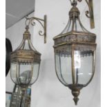 VINTAGE STYLE HANGING CANDLE LANTERNS, a pair, in gilt metal finish, 77cm drop approx.