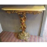 CONSOLE TABLE, giltwood with marble top, depicting a cherub on lion paw supports,