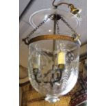 VAUGHAN GLASS BELL JAR PENDANT LIGHTS, three similar with foliate etched decoration,