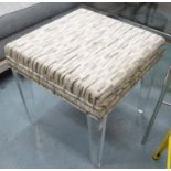 CAREW JONES FOOT STOOLS, a pair, with geometric patterned padded top on square lucite supports,