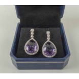 PAIR OF 18K YELLOW GOLD PEAR SHAPED AMETHYST AND DIAMOND DROP EARRINGS, approx 6cts.