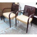 BERNHARDT DINING CHAIRS, set of eight, on square supports with raised golden fabric stuffover seats,