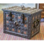 ARMADA CHEST, 17th century Dutch, cast iron and floral painted with hinged top, side handles,