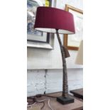 PORTA ROMANA LAMPS, a pair, metal shaped columns and plum coloured shades, 87cm H including shades.