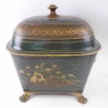 TOLEWARE LOG/COAL BIN, Regency style, with Chinoiserie decoration, 43cm W x 31cm D x 45cm H overall.