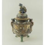 JAPANESE KORO, late 20th century ceramic, the lid with foo dog finial, 38cm H overall.
