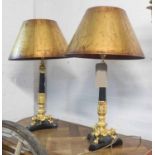 PAIR OF EMPIRE STYLE TABLE LAMPS, with triform bases, gilt metal mounts, shades, 76cm H.