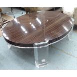 CENTRE TABLE, oval with palisander top on lucite base with wooden undershelf,