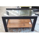 VINTAGE SIDE TABLES, a pair, with glass tops and rosewood undershelf on an ebonised support,