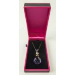 18K YELLOW GOLD SUBSTANTIAL AMETHYST AND DIAMOND DROP PENDANT NECKLACE.