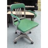 DESK CHAIR, in green and brushed aluminium finish, on a swivel metal supports, 56cm W.