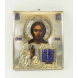 19TH CENTURY RUSSIAN ICON, Christ Pantocrator with hallmarked silver and blue enamel oklad,