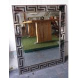 CONTEMPORARY GREEK KEY DESIGN MIRROR, with a polished metal frame, 99cm x 80cm.