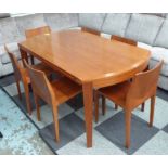 CONTEMPORARY DINING SET, dining table with drop leaf in fruitwood on shaped supports,