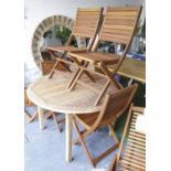 CONTEMPORARY GARDEN SET, circular, in teak, 119cm diam x 74cm H, with a set of four folding chairs.