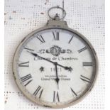 WALL CLOCK, metal casing, French 'chateau' markings, battery, working condition, 60cm D.