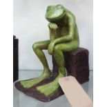 GARDEN BRONZE 'GREEN POND FROG', seated on 'River Bank', polished finish, 30cm H.