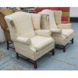 WING BACK CHAIRS, a pair, Georgian style with patterned fabric, each 83cm W x 114cm H.