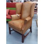 WING BACK TAN LEATHER ARMCHAIR, with studded detail, Georgian style, 78cm W x 121cm H.