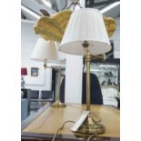 SIDE LAMPS, a pair, brass, adjustable, overall each 75cm H including shades.