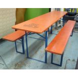 GARDEN DINING TABLE, Continental, with two benches, all on folding blue metal supports,