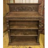 OPEN BOOKCASE, late Victorian oak with carved detail, 139cm H x 106cm x 35cm.