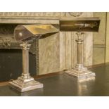 DESK READING LAMPS, a pair, Art Deco style, silvered each with adjustable shade and reeded column,