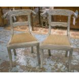 SIDE CHAIRS, a pair, Indian silvered metal covered with rams head backs.