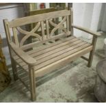 GARDEN BENCH, weathered teak with lattice back and slatted seat, 128cm W.