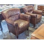 TUB CHAIRS, a pair, brown leather with studded detail, 84cm W x 90cm H x 84cm D.
