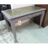 WRITING TABLE, Arts and Crafts oak, later grey painted with two drawers and green leather surface,