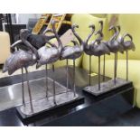 CONTEMPORARY BIRD SCULPTURES, a pair, of flamingo groups in silvered resin, 42cm L x 43cm H.