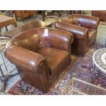 CLUB ARMCHAIRS, a pair, tan hide leather with rounded back and arms, 106cm W.