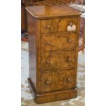 BEDSIDE CHESTS, a pair, Victorian figured walnut, each adapted with four drawers,