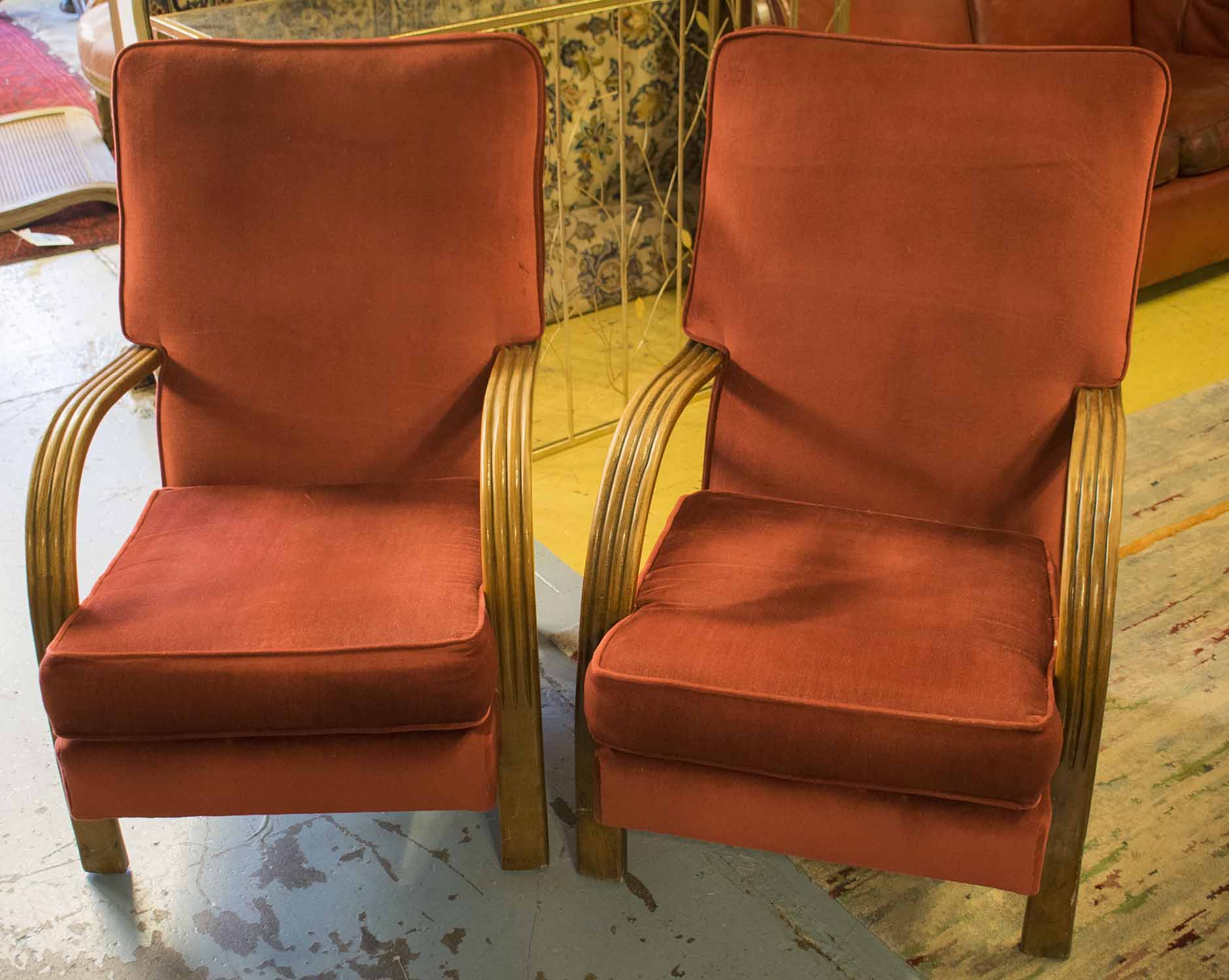 JINDRICH HALABALA STYLE ARMCHAIRS, a pair, mid-20th century, beech and ash, in red dralon, 59cm W.