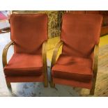 JINDRICH HALABALA STYLE ARMCHAIRS, a pair, mid-20th century, beech and ash, in red dralon, 59cm W.
