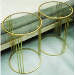 ART DECO STYLE ACCENT TABLES, a pair, circular with glass top on a gilded metal frame,