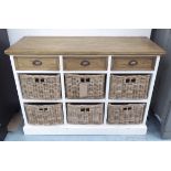 FARMHOUSE KITCHEN CABINET, contemporary, three drawers above six wicker baskets,